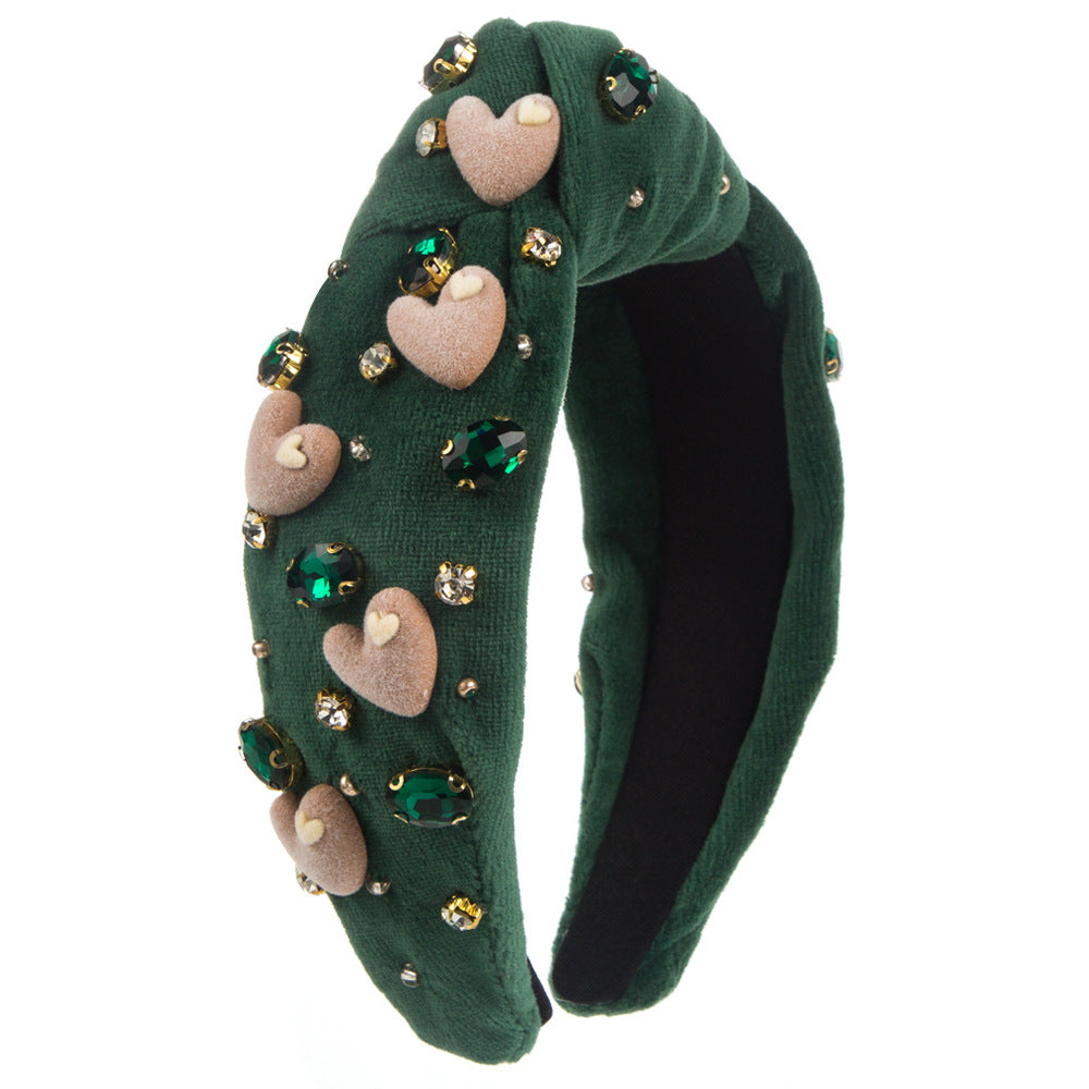 Wholesale Valentine's Day Hand-sewn Glass Diamond Love Velvet Headband